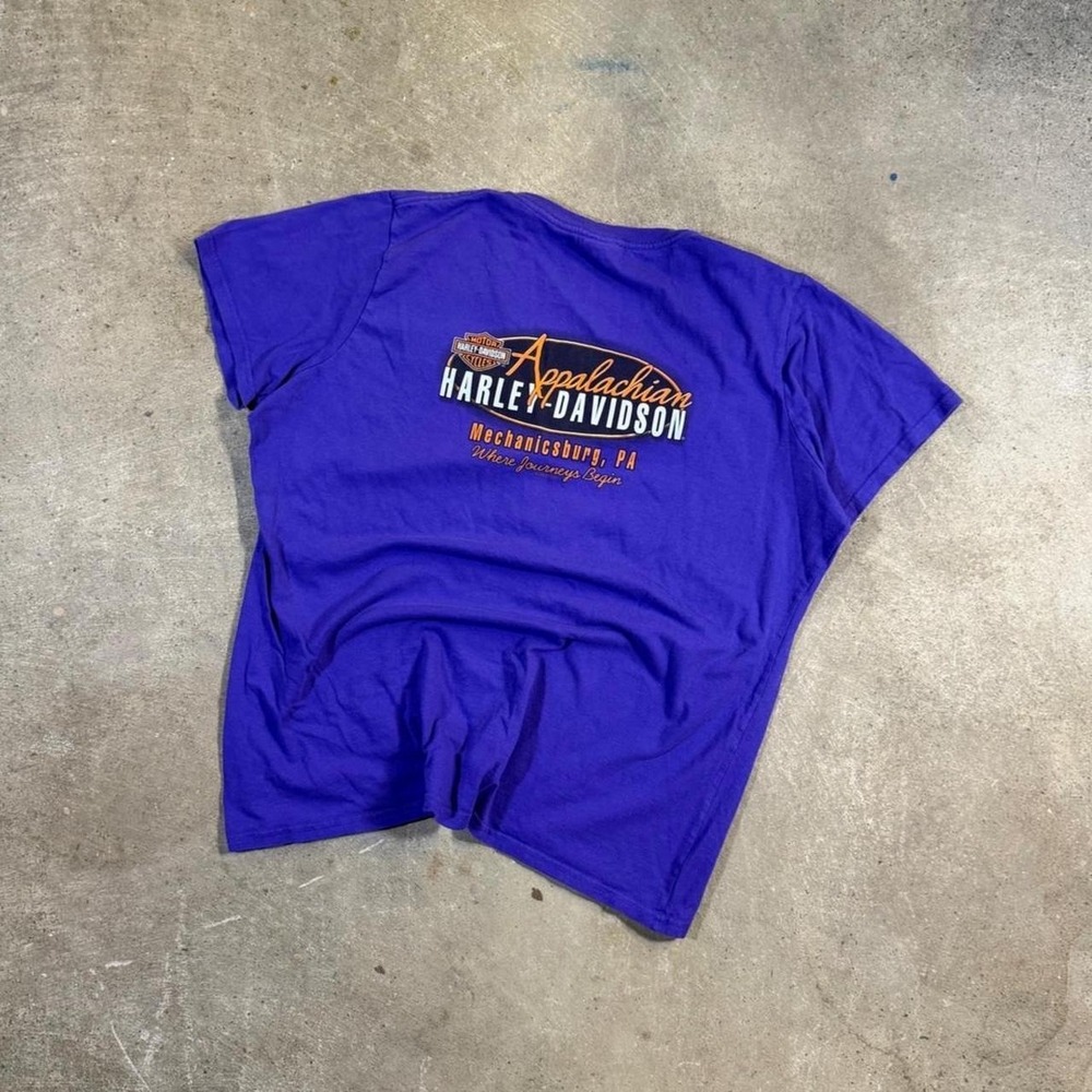 vintage Y2K style orange and purple Harley Davidson graphic t shirt